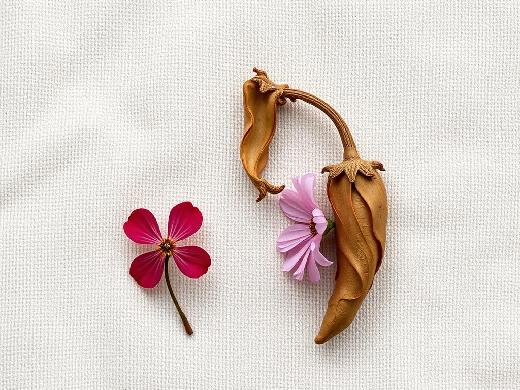 Fresh and dried botanicals arranged on a soft ivory linen surface.