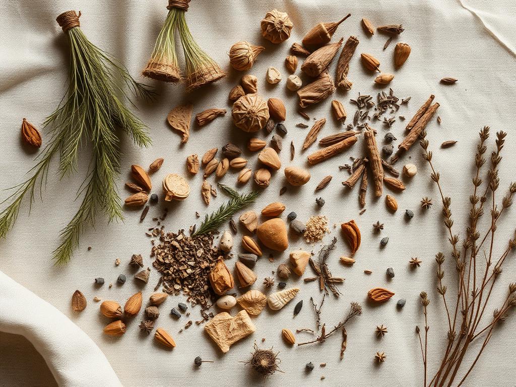 Dried medicinal herbs arranged on a warm ivory linen surface.